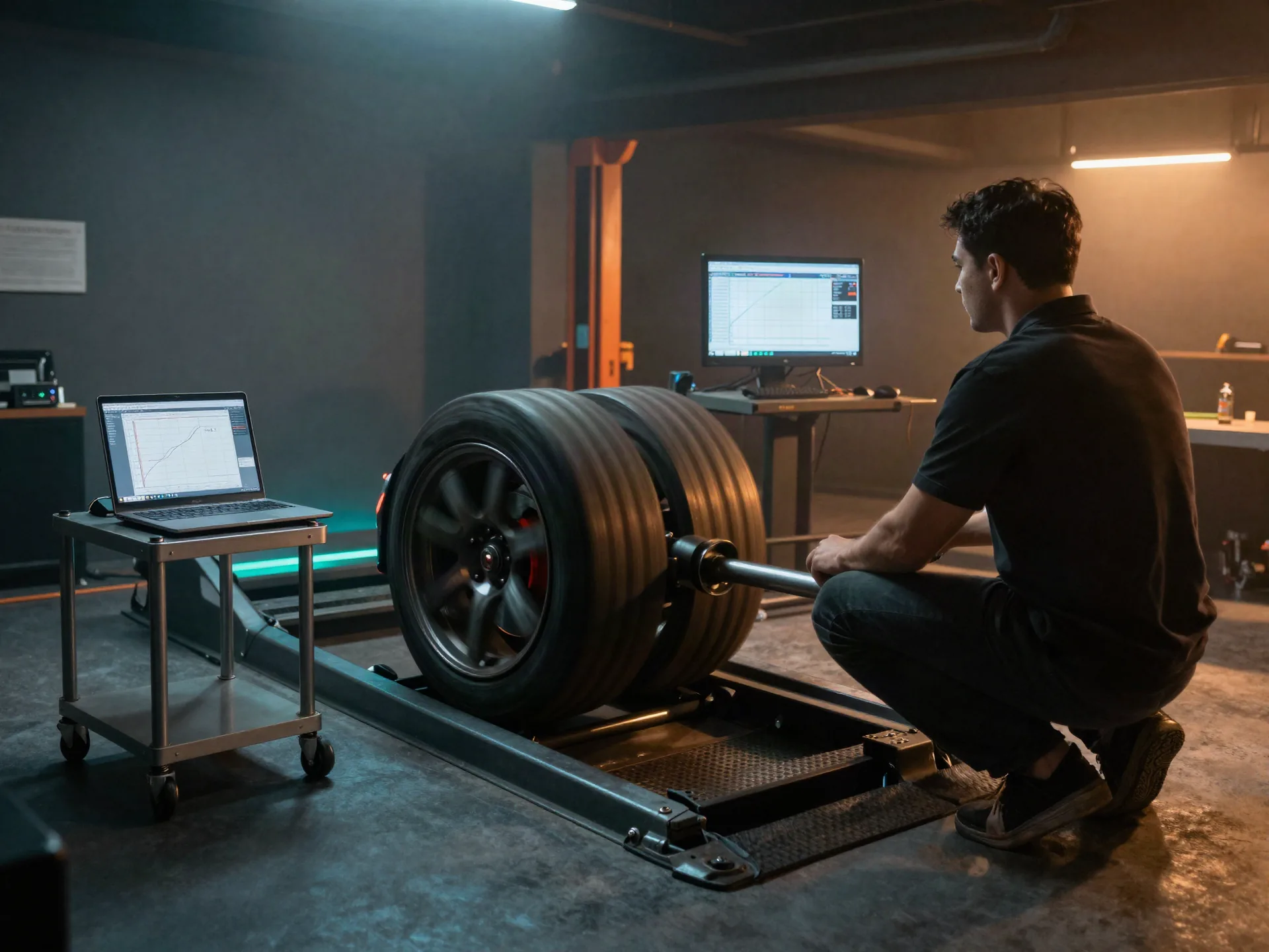 Vehicle strapped to the dyno during a power run