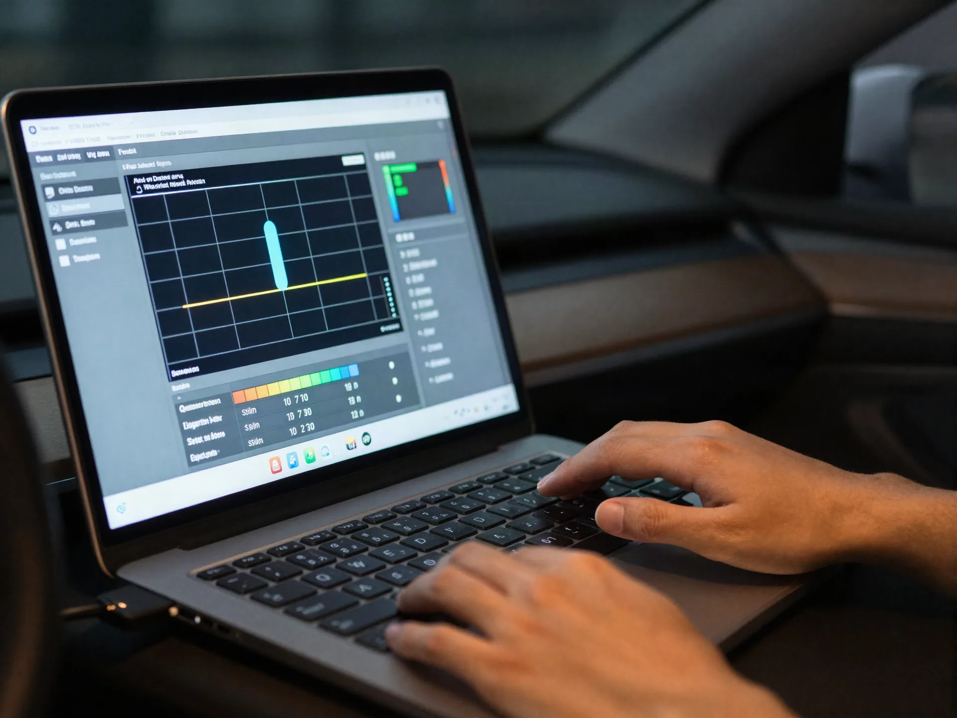 Laptop connected to a vehicle ECU showing calibration tables