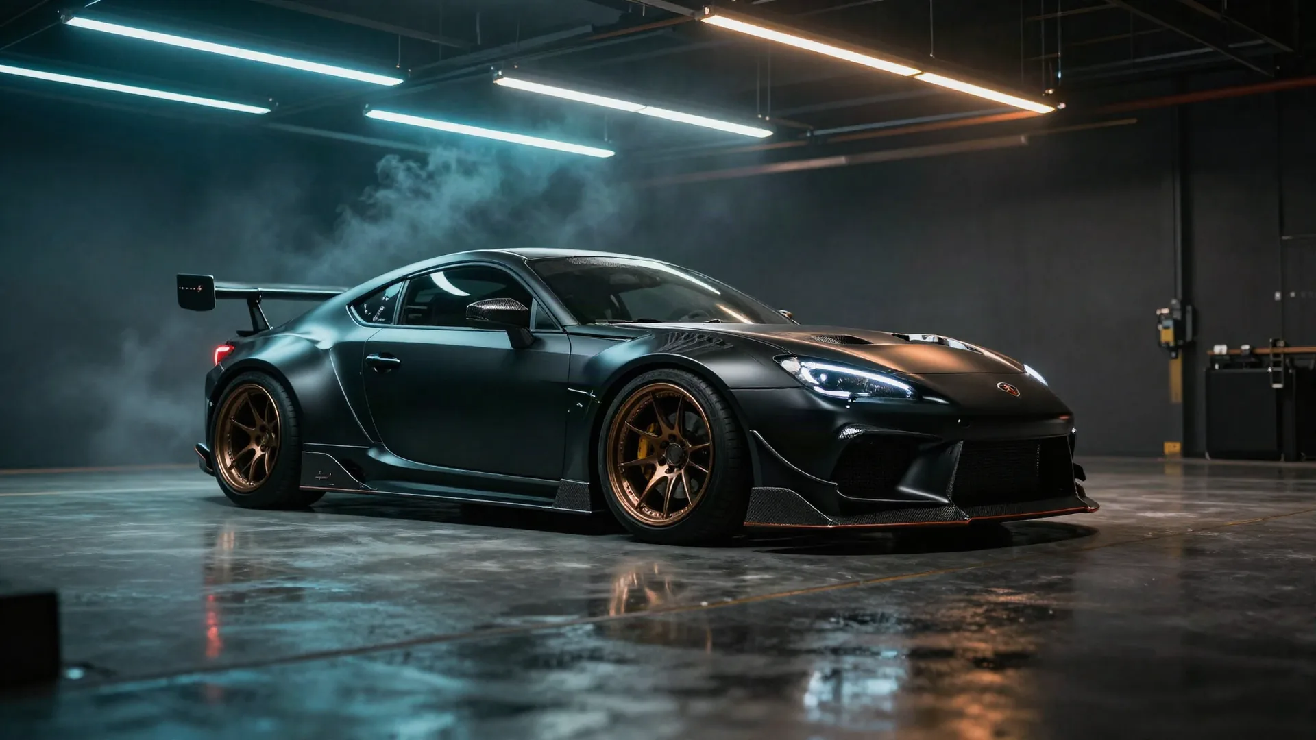 Vehicle under the lights in the LZR Performance workshop